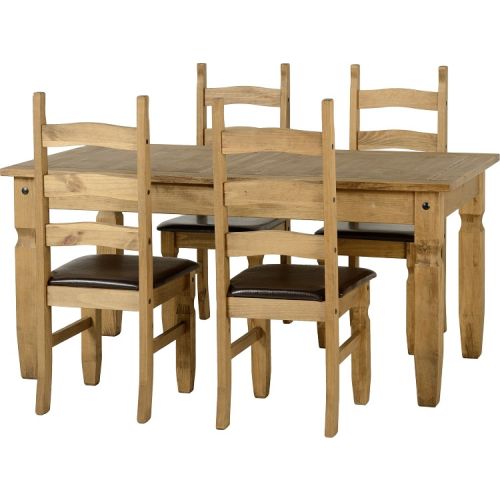 Corona 5 Dining Set In Distressed Waxed Pine Brown Faux Leather