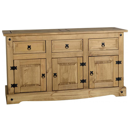Antique Waxed Pine Large Corona 3-Door 3-Drawer Sideboard Cabinet Storage 