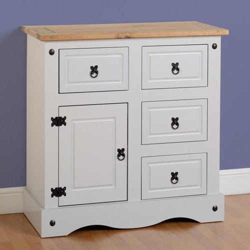 Corona 1 Door 4 Drawer Sideboard in Grey Distressed Waxed Pine