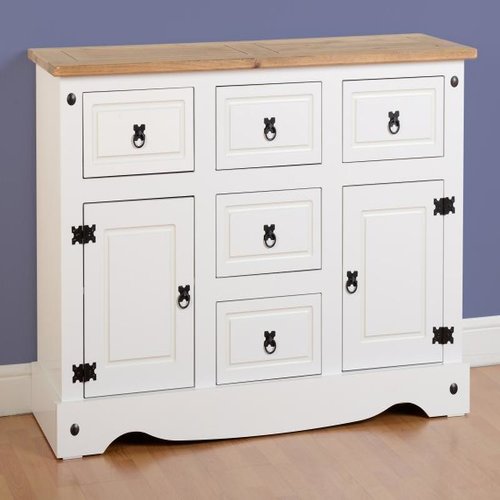 Corona 2 Door 5 Drawer Sideboard in White Distressed Waxed Pine