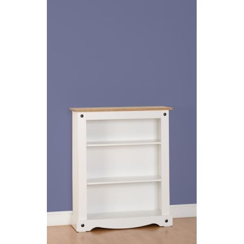 Corona Low Bookcase in White Distressed Waxed Pine