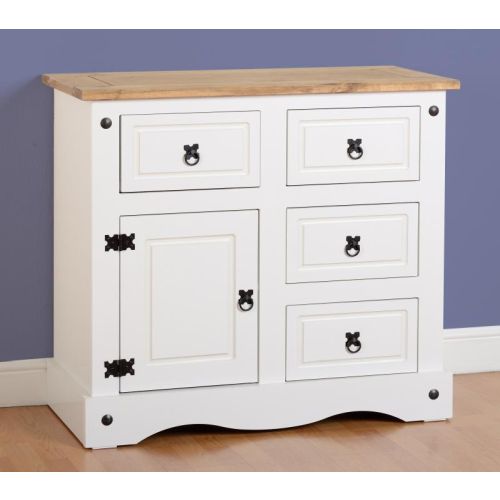 Corona 1 Door 4 Drawer Sideboard in White Distressed Waxed Pine
