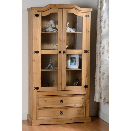 Corona 2 Door 2 Drawer Glass Display Unit in Distressed Waxed Pine