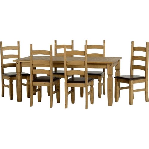 Corona 6' Dining Set in Distressed Waxed Pine/Brown Faux Leather