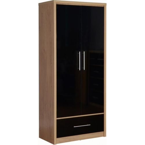Seville 2 Door 1 Drawer Wardrobe in Light Oak Effect Veneer/Black High Gloss