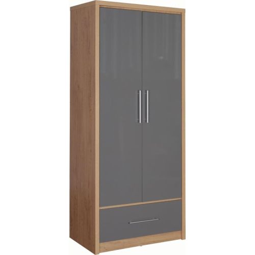 Seville 2 Door 1 Drawer Wardrobe in Light Oak Effect Veneer/Grey High Gloss