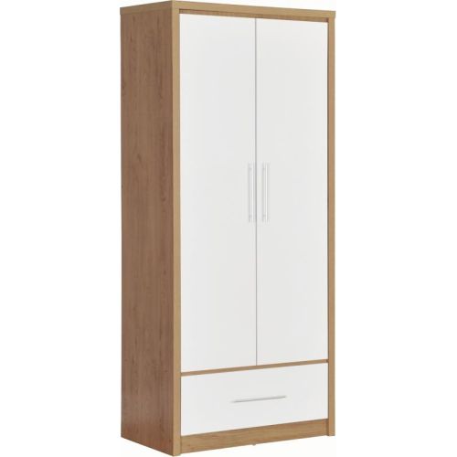 Seville 2 Door 1 Drawer Wardrobe in Light Oak Effect Veneer/White High Gloss