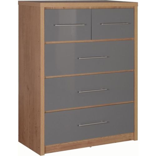 Seville 3+2 Drawer Chest in Light Oak Effect Veneer/Grey High Gloss