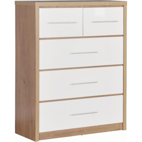 Seville 3+2 Drawer Chest in Light Oak Effect Veneer/White High Gloss