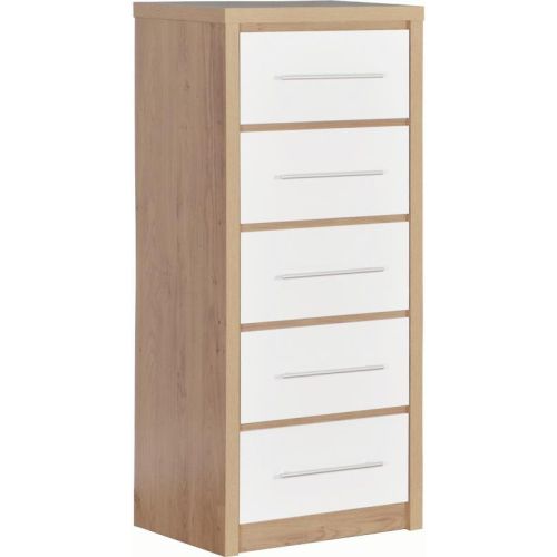 Seville 5 Drawer Narrow Chest in Light Oak Effect Veneer White High Gloss