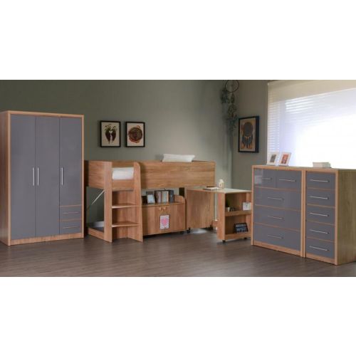 Seville 3 Door 2 Drawer Wardrobe in Light Oak Effect Veneer Grey High Gloss