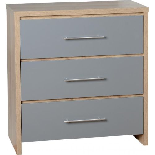Seville 3 Drawer Chest in Light Oak Effect Veneer/Grey High Gloss