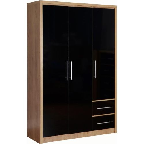 Seville 3 Door 2 Drawer Wardrobe in Light Oak Effect Veneer/Black High Gloss