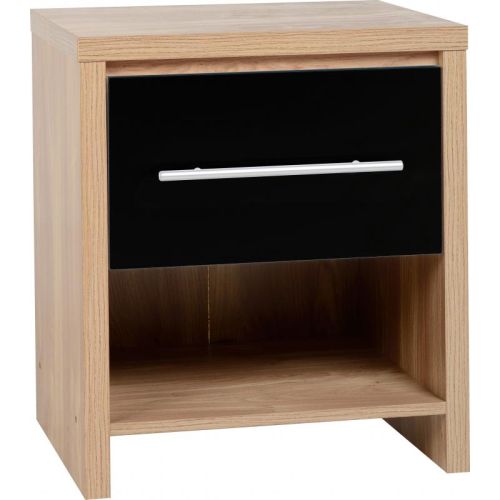 Seville 1 Drawer Bedside Cabinet in Light Oak Effect Veneer/Black High Gloss