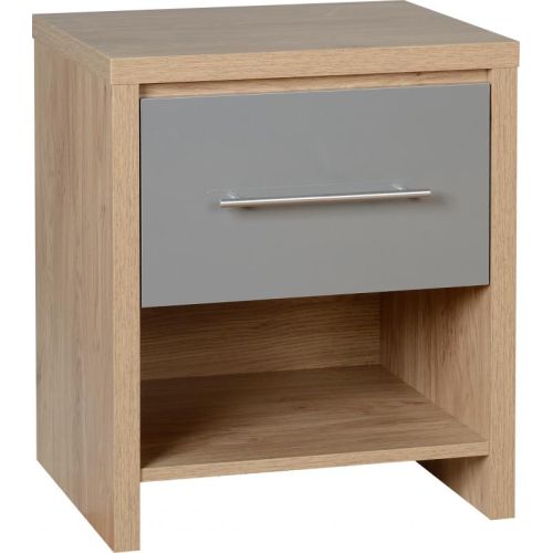 Seville 1 Drawer Bedside Cabinet in Light Oak Effect Veneer/Grey High Gloss